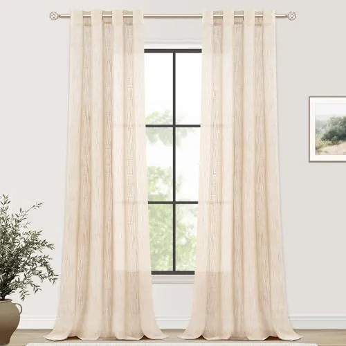 MRTREES Voile Gardinen kurz 2er-Set Leinenoptik Vorhang mit Ösen im Modernen Stores Gardinen Schals Beige 245×140 (H×B) für Wohnzimmer Schlafzimmer Kinderzimmer