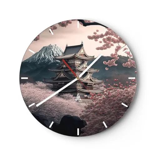 Modern Wanduhr Asien Japan Japanische Kirsche 40x40cm Rund Groß Wand Uhr Glas Analog Zimmeruhren Küche Büro Wohnzimmer Glasuhr Wall Clock Dekoration Design Wanddekoration Küchenuhr C3AR40x40-5734