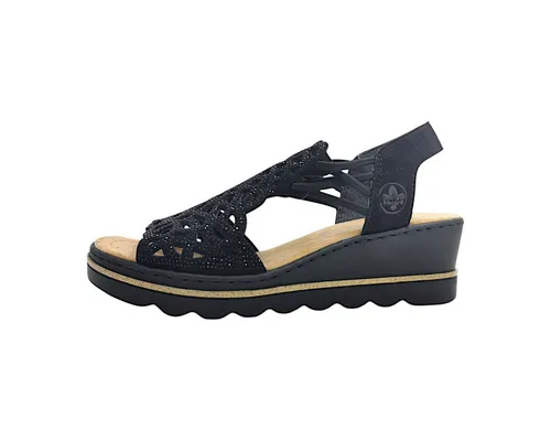 Rieker Damen Sandale schwarz - Wanderschuhe in Größe 39, ideal für den Sommer mit offenem Design und bequemem Gummizugverschluss, aus pflegeleichtem Lederimitat.