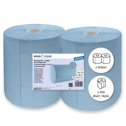 Franz Mensch HygoClean Putzpapiere, 2-lagig, blau - Klemmen: Umweltfreundliche 2-lagige Putzpapiere aus 100% Recyclingpapier, saugfähig und fusselarm für gründliche Reinigung in Werkstatt, Produktion und mehr.