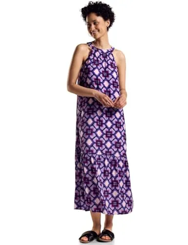 Maxikleid mit Print - Schulterfreies Sommerkleid mit Schlitz und Knopf im Nacken, Saum mit Volants, aus angenehmer Viskose-Qualität, perfekt für Freizeit und besondere Anlässe.