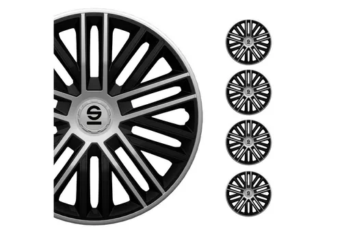 Sparco Radzierblenden Bergamo 14-Zoll Schwarz/Silber - Satz mit 4 Stück - Radkappen aus ABS, rost- und korrosionsbeständig, mit einfachem Spannring für maximalen Halt – passend für alle Fahrzeuge mit 14-Zoll-Felgen.