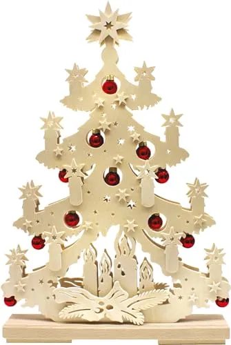 RATAGS LED Schwibbogen kleine Tanne mit roten Kugeln - Schwibbögen aus Holz, stimmungsvolle LED-Beleuchtung für festliche Atmosphäre, Maße: B 32cm/H 48cm/T 5,5cm