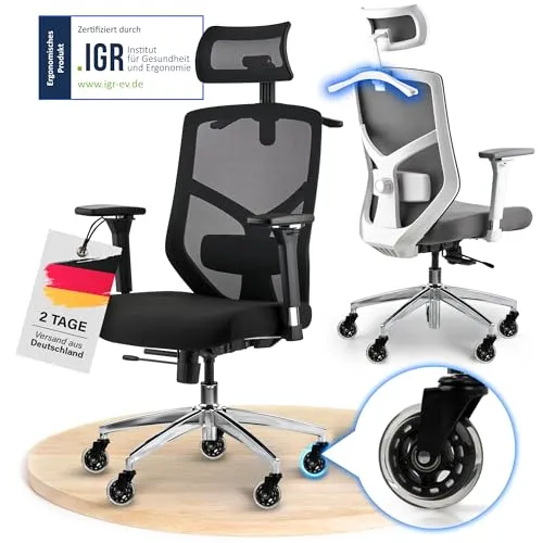 ELITESEATS Bürostuhl Ergonomisch [TESTSIEGER] - Bürostuhl mit atmungsaktiven Materialien und kratzfreien Rollen, ideal für gesundes Sitzen im Home Office oder Büro. Belastbar bis 150 kg und mit mehrfach verstellbarer Rückenlehne für optimale Ergonomie.