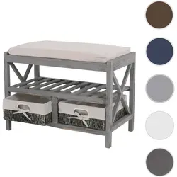 Mendler Schuhregal HWC-C48, Sitzbank Schuhablage im Shabby-Look - Kommode im Vintage-Stil mit waschbarem Sitzkissen und 2 formstabilen Körben aus Maisstroh. Ideal zur Aufbewahrung von Schuhen und als praktische Sitzgelegenheit.