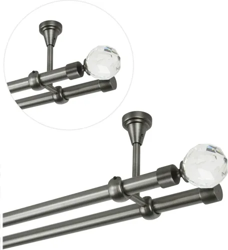 Gardinenstange 160 cm für Deckenmontage, Vorhangstange 19 mm 2-läufig Antik Stahl, Gardinenstangenset mit Kugel Kristall