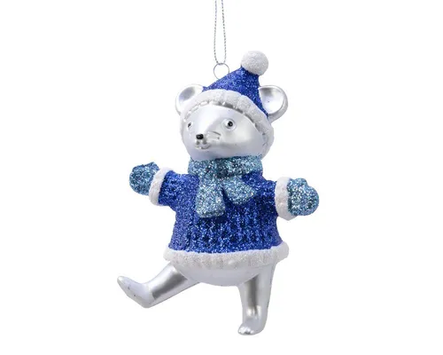 Kaemingk Christbaumschmuck, Christbaumschmuck Kunststoff Maus in Winterkleidung 11,5cm weiß / blau