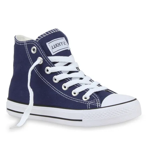 Mytrendshoe Damen High Top Sneakers Sportschuhe Kult Schnürer 94589, Farbe: Dunkelblau Lucky, Größe: 37