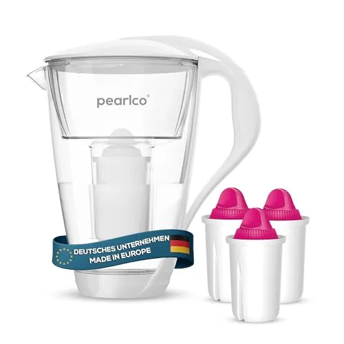 PearlCo 2L Glas-Wasserfilter Krug mit Magnesium-Filter - Filterkannen für Trinkwasser mit 5-Stufen-Filtration und Magnesiumanreicherung für gesundes, weiches Wasser. Hochwertiges Borosilikatglas, ideal für einen aktiven Lifestyle.