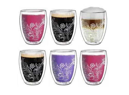 Creano Teeglas Flowery - 6x Doppelwandglas - Teegläser aus hochwertigem Borosilikatglas mit isolierender Doppelwand-Technologie für optimalen Temperaturhalt. Jedes Glas ist handgefertigt und zeigt ein einzigartiges Blumenmotiv.