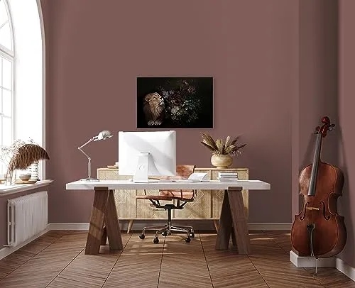 A.S. Création Leinwandbild Löwe mit Blumen floral - Kunstdruck schwarz beige - 90x60 cm Querformat - Moderne Wanddekoration Schlafzimmer Wohnzimmer Küche - Bild auf Keilrahmen