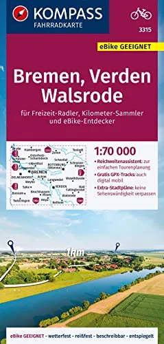 KOMPASS Fahrradkarte 3315 Bremen, Verden, Walsrode 1:70.000: reiß- und wetterfest mit Extra Stadtplänen