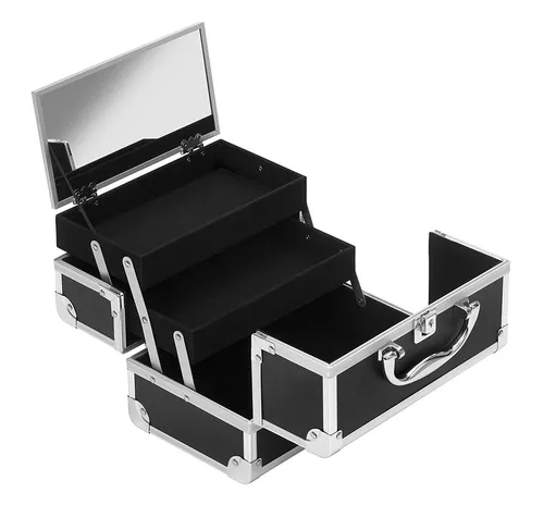 Schminkkoffer Beauty Case Box mit Spiegel - Reisetasche für Kosmetik, mit extra Fächern und Schloss, ideal für visagisten und unterwegs, stilvolles Design in Schwarz und Silber.