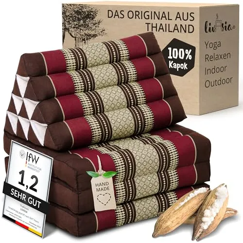 livasia Thaikissen mit 3 Auflagen - 175x50x8cm - Faltbares Keilkissen für Yoga und Meditation - Erlebe thailändische Gemütlichkeit mit dem handgefertigten Thaikissen! Ideal für Yoga, Meditation oder entspannte Abende. Platzsparend faltbar und aus nachhaltigem Kapok gefertigt – für ein entspanntes Zuhause.