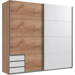 Schwebetürenschrank Emden – Moderner Kleiderschrank 225x64x210cm - Praktischer Schwebetürenschrank Emden in Plankeneiche/weiß. Bietet viel Stauraum mit 2 Türen, 3 Einlegeböden und 3 Schubladen. Ideal für eine stilvolle und ordentliche Raumgestaltung.