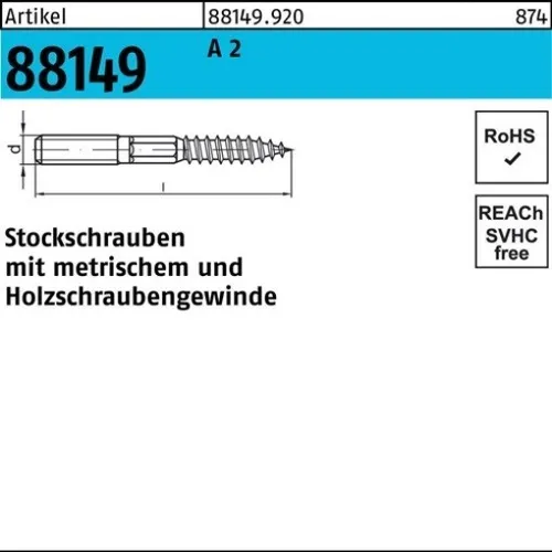 Reyher Stockschrauben A 2 Typ 23E M 8x100 (50 Stück) - Hochwertige Stockschrauben für vielseitige Anwendungen, 50 Stück pro Packung, ideal für sichere Verbindungen mit einer Länge von 100 mm und Gewindegröße von 8 mm.