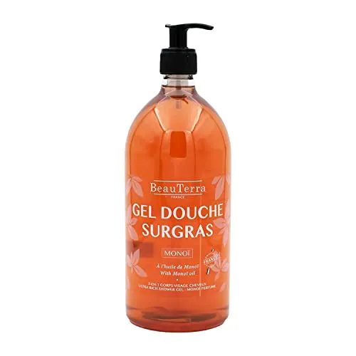 BeauTerra - Duschgel, rückfettend, 1 l, für empfindliche Haut, ohne Seife, Körper und Haar, Monoi-Duft, mit Monoï-Öl, 100% hergestellt in Frankreich