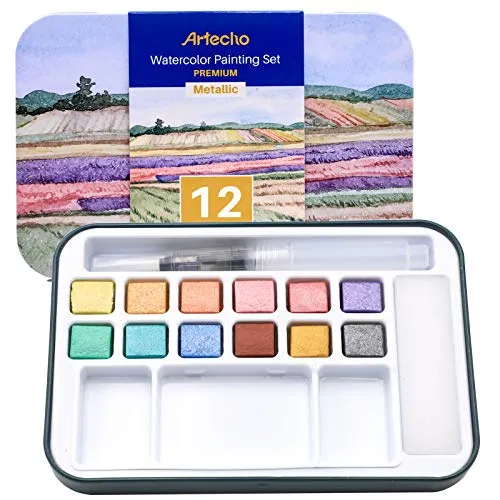 Artecho Aquarellfarben Set, 12 Metallic Farben Wasserfarben, Aquarell mit Wassertankpinsel, Tragbar Aquarell Malkasten, perfekt für Anfänger und Profis, das ideale Geschenk