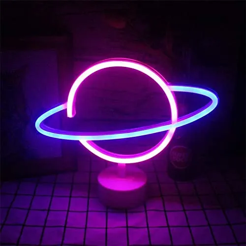 Neonlicht Planet Nachtlicht mit Fuß NEON LED Licht batteriebetrieben Aufsteller Tischlampe Leuchtreklame Lampe Leuchte Dekoration Kinderzimmer, Schlafzimmer, Wohnzimmer, Party Weihnachten