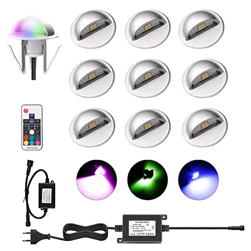 YZGWZLD RGB Terrassen Einbaustrahler Terrassenbeleuchtung 10er Set LED Bodeneinbaustrahler IP65 wasserdicht für außen innen Garten Holzbrücke Pool Holzdeck inkl. 12V Netzteil mini Einbauspots