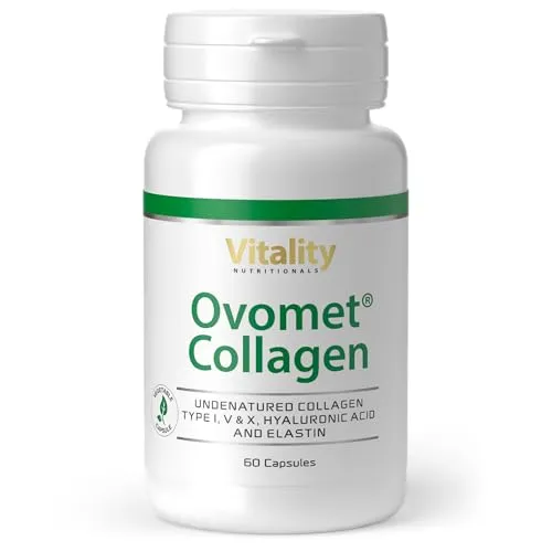 Vitality Nutritionals Kollagen Kapseln Hochdosiert & Vegetarisch mit Kollagen Typ I, V, X, Hyaluronsäure, Elastin & Glucosamin (60 Stk) Glutenfrei, Ohne Gentechnik, patentiertes Ovomet Collagen