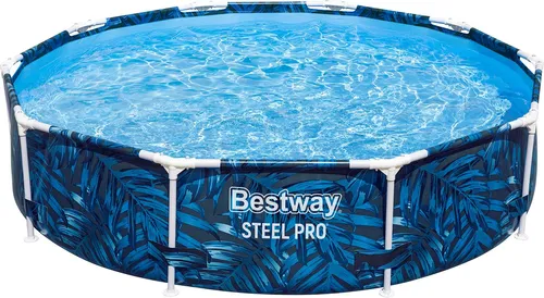 Bestway Steel Pro Frame Pool Ø 305 x 66 cm - Tropisches Blatt-Design - Swimmingpool aus 3-lagigem DuraPlus-Material, werkzeugloser Aufbau und integriertes Ablassventil für einfachen Spaß im Garten.