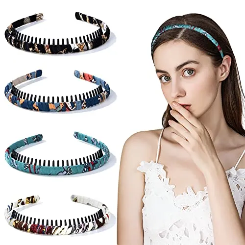 Haarreifen Kopfband mit Zähnen, Anti-Rutsch Kunststoff Stirnbänder mit Satin Kopfbedeckung, Haarband Zubehör für Mädchen und Frauen, 4 Stück