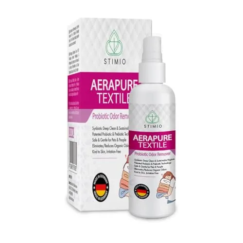 Textilien ohne Waschmaschine frisch bekommen – Stimio PROBIOTISCHES TEXTILSPRAY Reisegröße100 ml – NATÜRLICHER Geruchskiller für Kleidung, Hotelbett, Reisetasche, Koffer – ohne Duftstoffe, OHNE CHEMIE