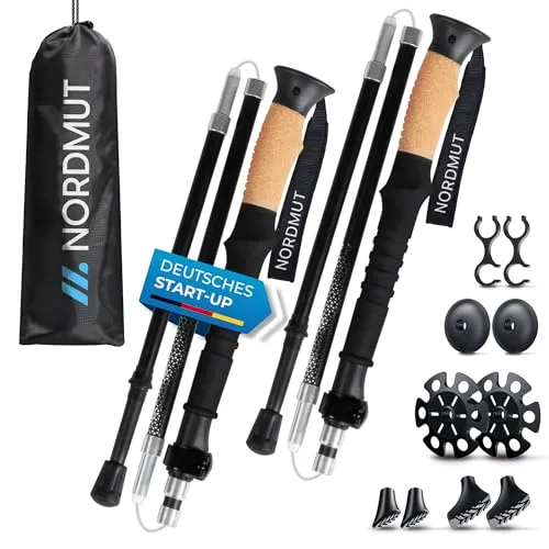 NORDMUT Wanderstöcke faltbar - Ultraleichte Teleskop Trekkingstöcke aus Aluminium, ideal für Nordic Walking und Outdoor Abenteuer mit ergonomischen Korkgriffen und praktischem Zubehör
