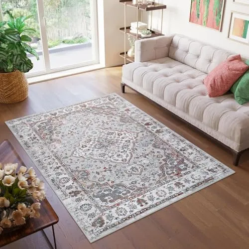 TAPISO Valley Teppich Kurzflor - Hellgrau, Rostbraun, Blau, Vintage-Design 80 x 150 cm - Vielseitiger Teppich für Wohnzimmer und Schlafzimmer: Mit seinem eleganten Vintage-Design verleiht er jedem Raum eine gemütliche Atmosphäre und sorgt für eine angenehme Akustik. Pflegeleicht und ideal für Fußbodenheizungen.
