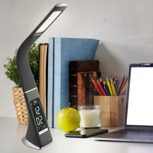 LED Tischleuchte mit Uhr und Touch-Dimmer - Tischleuchte mit flexiblem Lampenarm, integriertem Wecker und Thermometer. Verstellbare Lichtfarbe (3000K-5800K) für optimale Beleuchtung und modernes Design.