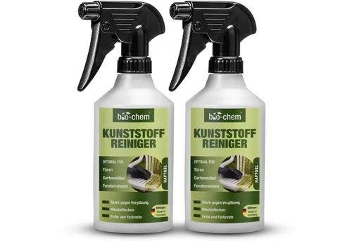 bio-chem bio-chem Kunststoffreiniger – gegen Vergilbungen & Nikotin Kunststoffreiniger (Sparpaket, [- Kunststoffreiniger 2x 0.5 l Handsprayflasche Haftet gut – viskose, gelartige Konsistenz)