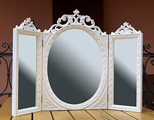 Wohnzimmerspiegel Schminkspiegel Dekorativer Kosmetikspiegel Höhe 46cm Breite 60 cm Barock Spiegel klappbar WEIß Wandspiegel Antik Oval Rechteckig Badspiegel Tischspiegel Shabby Deko C508 Weiß Matt