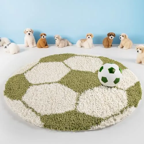 Teppium Kinderteppich Hochflor 100 cm Rund Grün - Fussball Teppich für Jungen und Mädchen, Extra Weich, Flauschig und 30 mm Florhöhe - Runder Teppiche fürs Kinderzimmer, Babyzimmer und Spielzimmer