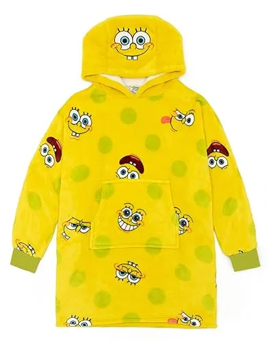 SPONGEBOB SQUAREPANTS Tragbare Decke für Kinder | Fleece-Hoodie mit Allover-Print „Sponge Bob“ für Jungen und Mädchen | Gelber, gemütlicher, Schwerer Kuschel-Kapuzenpullover