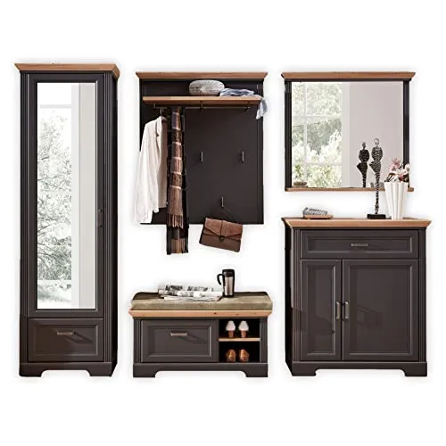 Stella Trading JASMIN Flurgarderoben Set in Graphit - Drohnen - 5-teiliges Garderoben Set im Landhausstil mit viel Stauraum und einfacher Montage, ideal für Ihren Eingangsbereich.