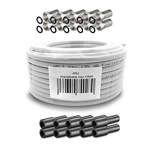 ARLI 50m Koaxialkabel – max. 135 dB + 10x F-Stecker & 10 Gummitüllen TV-Kabel, F Stecker, Sat (5000 cm), 50 m TV Sat Koax Antennen Kabel 5-fach geschirmt Verlegekabel Set