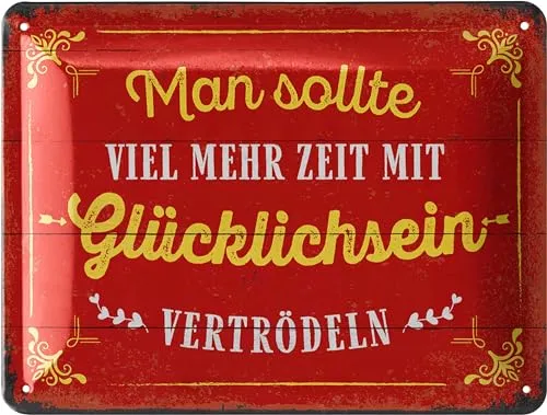 Produktbild LANOLU Retro Blechschild 'Zeit mit Glücklichsein vertrödeln', vintage Metallschilder mit Sprüchen, Shabby Chic Deko Küche und Garten, lustige Schilder aus Metall 15x20cm