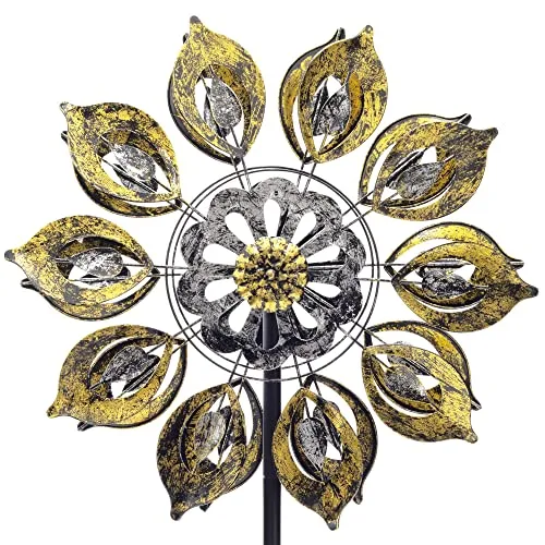HAFIX Windrad Windgold 3D Optik Ø58cm. Windspiel für den Garten aus Metall. Windmühle mit Höhenverstellung dekorativ einzigartiger Blickfänger, wetterfest & UV-beständig in Gold & Silber H: 185cm.