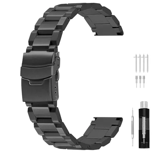 Juntan Klassisch Armband 24mm Edelstahluhr Ersatzarmband für Männer Frauen Uhrenarmband mit Metallverschluss schwarz