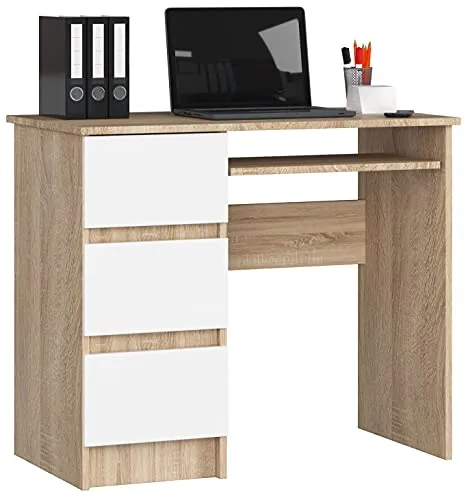 Home Collective Computertisch, Bürotisch, 3 Schubladen mit ausziehbarer Tastaturablage, 90 x 50 x 77 cm, 16 mm Dicke, Abriebfeste Laminatplatte mit ABS-Kante, Sonoma weiß