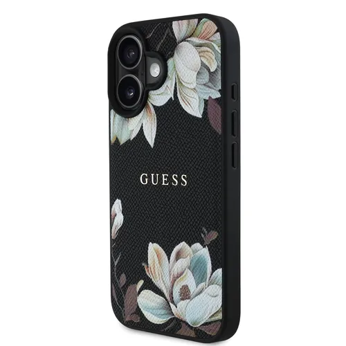 CG MOBILE Guess Grained Printed Flower Pattern Hülle für iPhone 16 - Stylische Standard Handyhülle mit einzigartigem genarbtem Blumenmuster, kompatibel mit MagSafe und aus hochwertigem TPU, PC und Öko-Leder gefertigt.