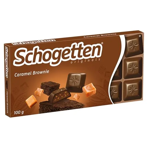 Schogetten Caramel Brownie 100g Schokoladentafel, Vollmilch-Schokolade mit Karamell & Brownie-Stücken, portionierte Stückchen. Ein Genuss. Stück für Stück.
