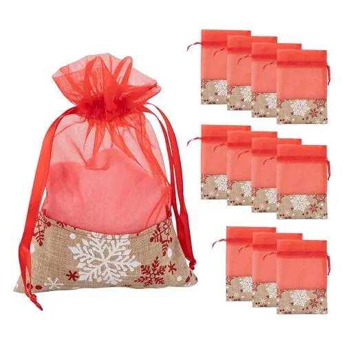Idena 90418 - Organzabeutel ca. 13 x 18 cm, 12 Stück, Säckchen mit Schneeflocken-Motiv, Weihnachtssack mit roter Kordel, Geschenkbeutel für Weihnachten