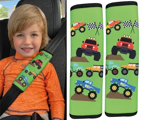 HECKBO 2x Kinder Auto Gurtpolster Gurtschutz mit Monster Truck Motiv - Sicherheitsgurt Polster für Kinder und Babys- Ideal für jeden Gurt Autositzerhöhungen Kinder Fahrradanhänger Flugzeug Jungen