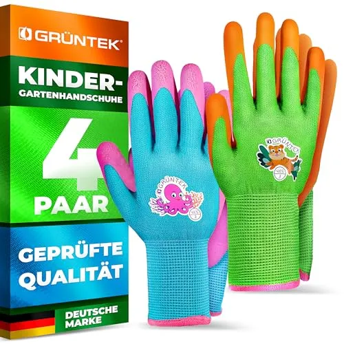 GRÜNTEK Kinder-Gartenhandschuhe mit Latex-Beschichtung – Schadstofffreie, Rutschfeste Arbeitshandschuhe für Kids, Atmungsaktiv und Bequem in Orange, Grün, Hellblau und Rosa, Gr. 4XS