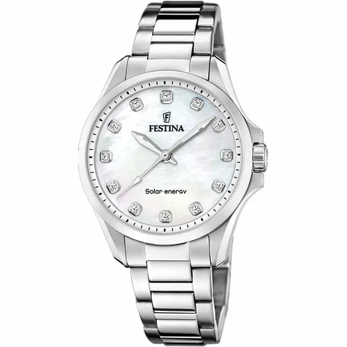 Festina Quarz Damen Solar Energy F20654/1 - Elegante 34mm Uhr - Damenuhren: Festina Quarz Damen Solar Energy mit weißem Zifferblatt und silberfarbenem Edelstahlarmband - umweltfreundlich und stilvoll.