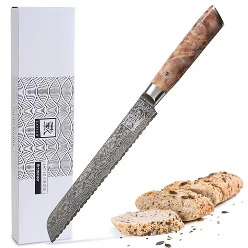 zayiko Kinone Premium Brotmesser - 20 cm Wellenschliff Klinge aus 67 Lagen VG10 Damaststahl - Brotmesser aus Damaststahl mit ergonomischem Birkenwurzelholzgriff für müheloses Schneiden. Ideal für Brot, Brötchen und mehr. Perfekt als Geschenk in edler Box!