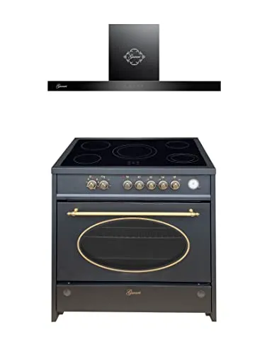 GURARI Herdset GCH E 912 BL r + GCH F 462 BL 9 Prime, Retro Standherd 90 cm, Range Coocker, 121 L, Schwarz + Dunstabzugshaube, Wandhaube 90 cm, Schwarz, Abluft/Umluft, Flachpanel Haube