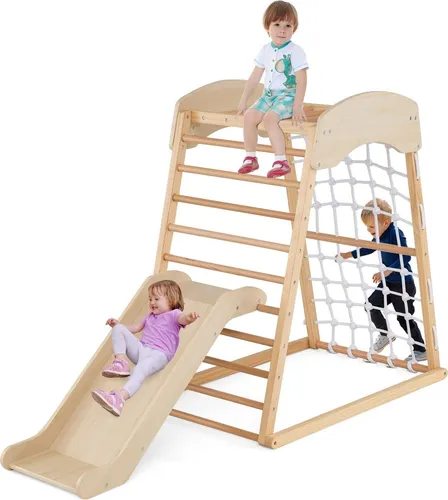 GOPLUS 4 in 1 Kinder Klettergerüst mit Rutsche & Kletternetz - Multifunktionales Klettergerüst aus hochwertigem Buchenholz für drinnen und draußen. Fördert die Koordination und Beweglichkeit von Kindern ab 1 Jahr. Einfache Montage und höhenverstellbare Rampe für stundenlangen Spielspaß.